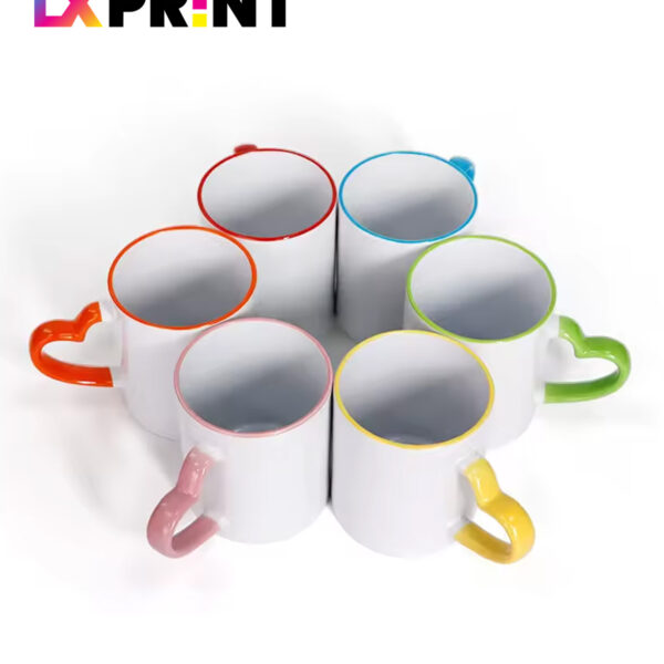Mug Sublimation Anse Cœur – Bord & Intérieur Coloré – 330ml