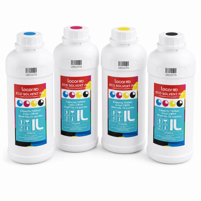Quatre bouteilles d’encre Locor Pro 1 L en cyan, magenta, jaune et noir