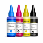 Kit encre sublimation CMJN 4 × 100 ml avec quatre flacons cyan, magenta, jaune et noir